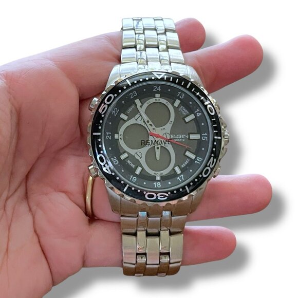 Elgin Mens Chronograph Watch Digital Analog Silver Tone Link Band Quartz Movemen - Picture 10 of 16